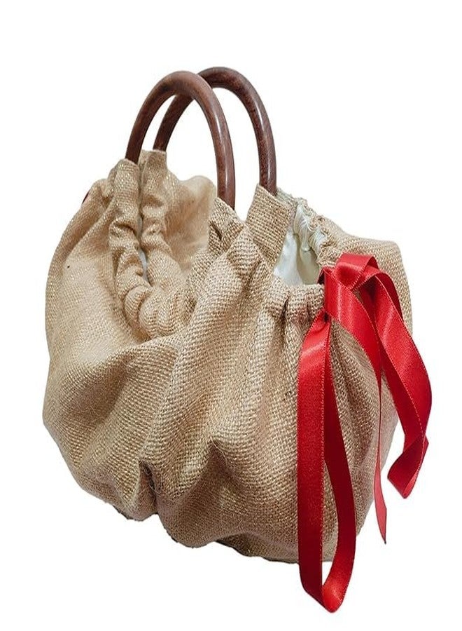 ATHZ women handbag || baggy style wooden handle casual fashion | | Plain jute || hand carry wristlets pouch bags for women (Golden Jute, Satin Orange side bow tie ribbon) - Image 5